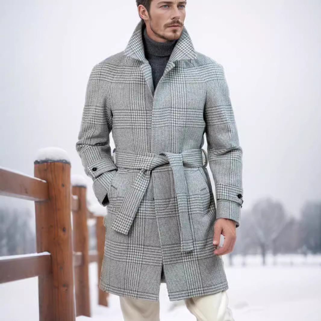 Herren Trenchcoat Modern Karomuster Taillengürtel Elegante Outdoorjacke - BerlinGlamour