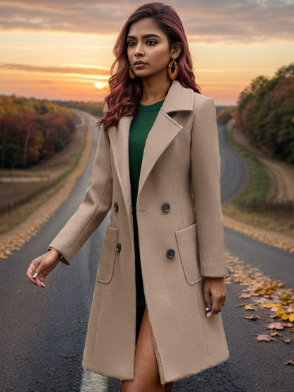 Damen Wollmantel Elegant Lang mit Taschen und Doppelknopf