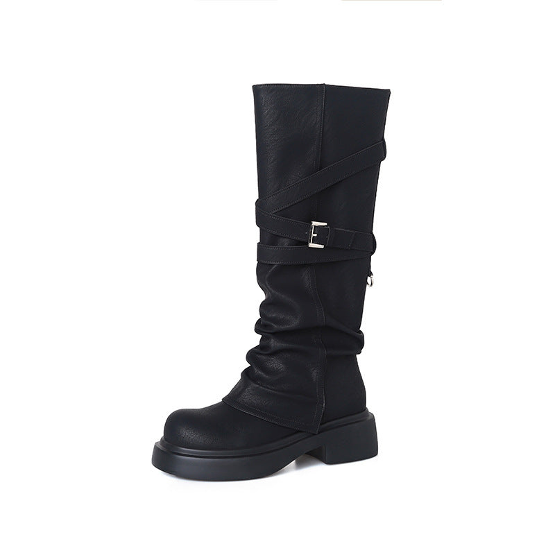 Damen Stiefel Overknee Modisch Riemen Design Schwarz