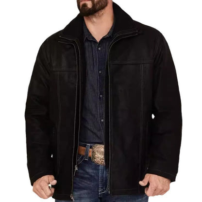 Elegante Lederjacke Herren Lederjacke Hochkragen Schwarz