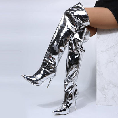 Damen Stiefel Hoch Spitze Glänzend Schwarz