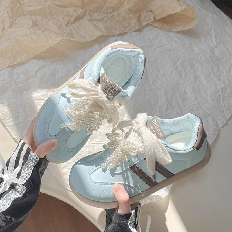 Damen Sneaker mit Perlen Schnürsenkeln Mode Schuhe