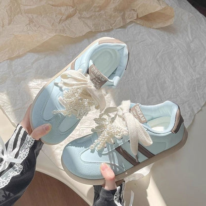Damen Sneaker mit Perlen Schnürsenkeln Mode Schuhe