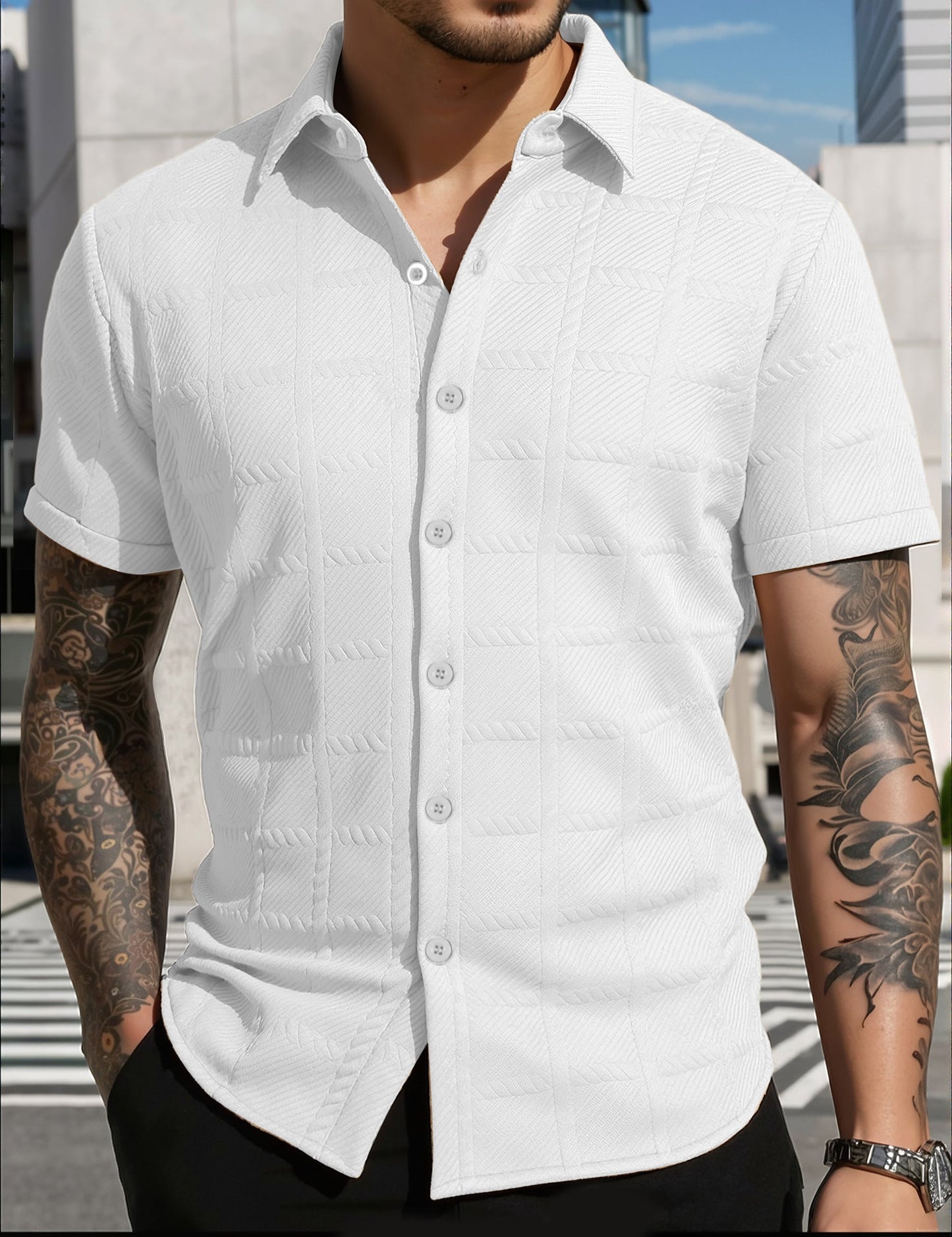 Herren Hemd Kurzarm Modern Strukturiert Elegant