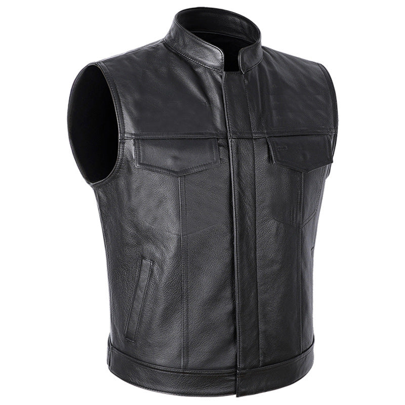 Herren Lederjacke Motorrad Weste Modern mit Taschen Schwarz
