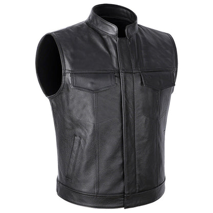 Herren Lederjacke Motorrad Weste Modern mit Taschen Schwarz