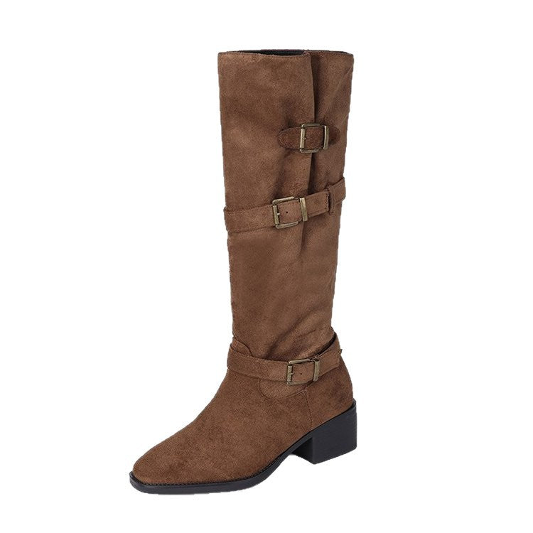 Damen Stiefel Elegantes Design Schnallen Detail Schwarz
