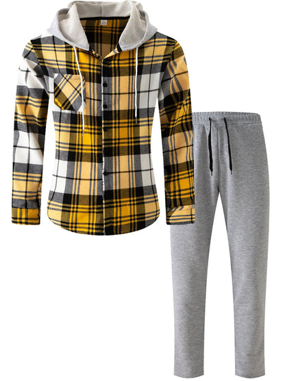 Herren Flanell-Hemd Set mit Jogginghose Kapuze Bequem