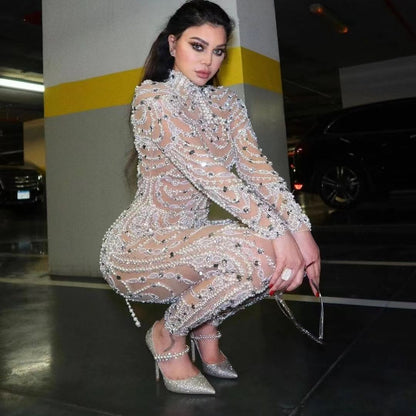 Pailletten Jumpsuit Figurbetont Durchscheinend Partykleid
