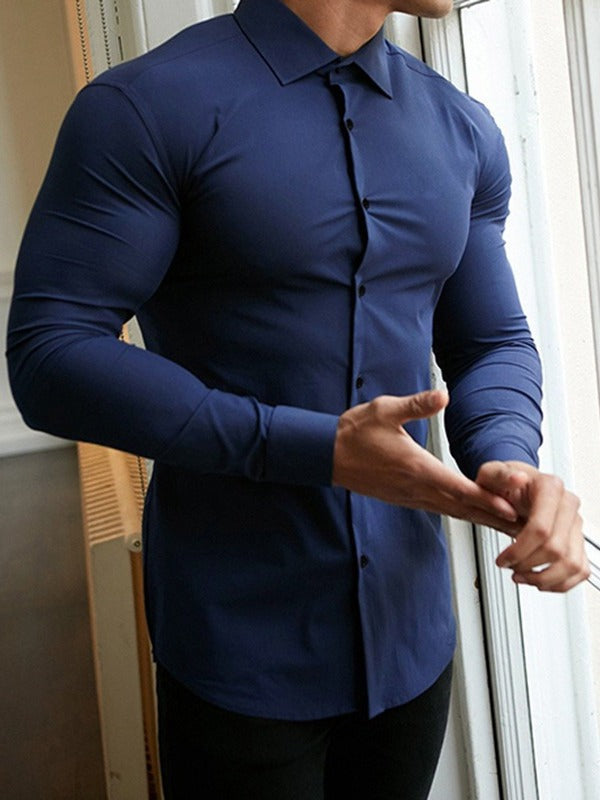 Herren Langarmhemd Slim Fit Modern mit Stehkragen und Metallknöpfen