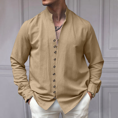 Herren Hemd Langarm Modern Stehkragen Knopfleiste
