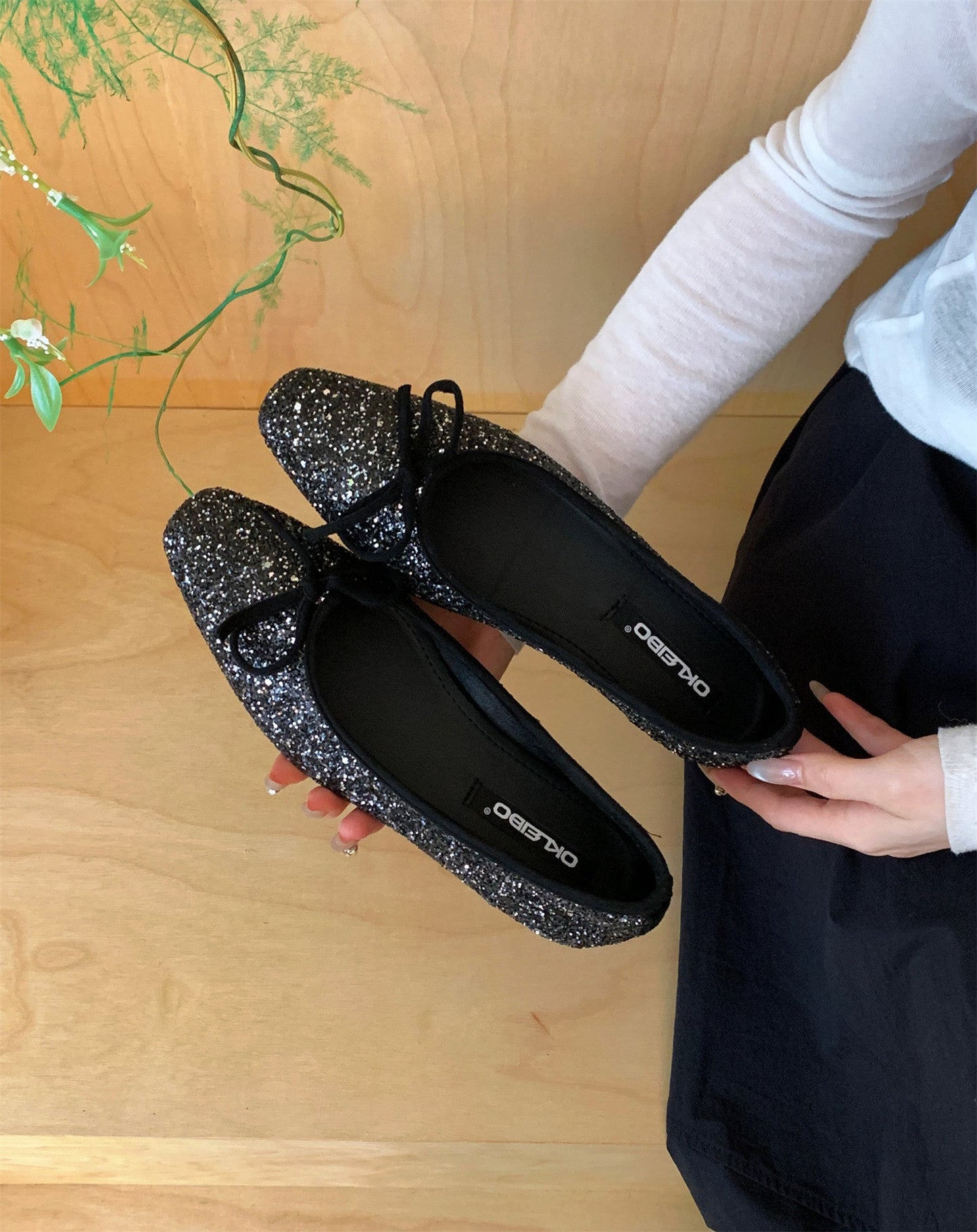 Damen Ballerinas Glitzer Schleife Komfort Innensohle