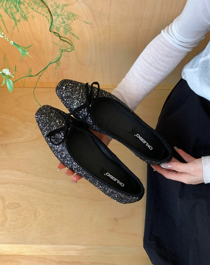 Damen Ballerinas Glitzer Schleife Komfort Innensohle