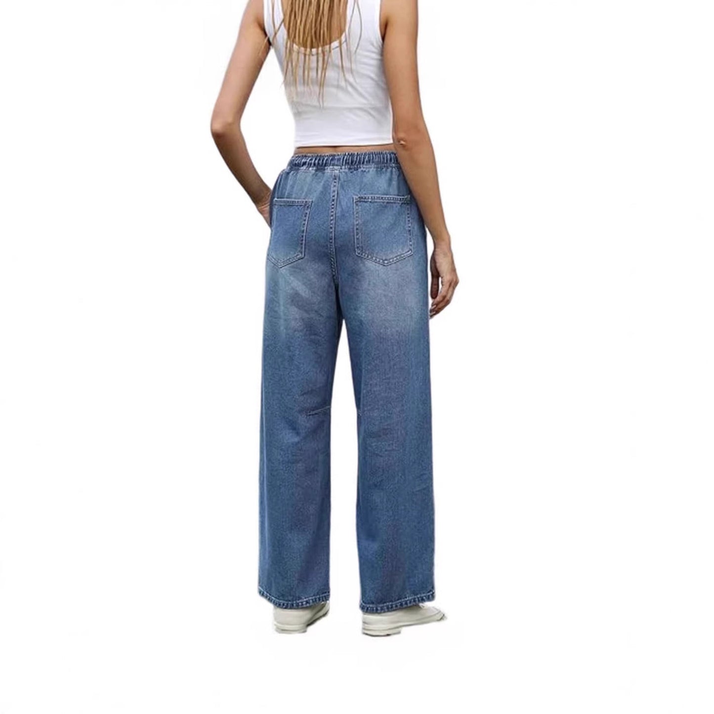 Damen Jeanshose Weite Bein Elastischer Bund