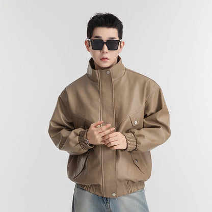 Herren Lederjacke Lässig Schwarzes Kunstleder Mit Taschen