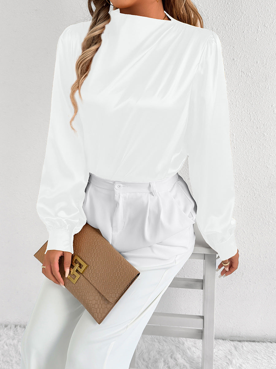 Damen Bluse Satin Modern Stehkragen Elegante Ärmel
