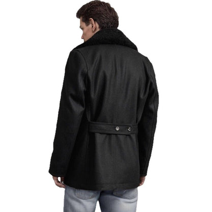 Herren Mantel Eleganter Wolle Fellkragen Schwarz
