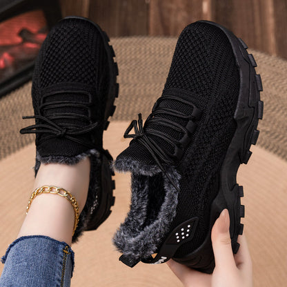 Damen Sneaker Warm Gefüttert Strick Optik Schwarz Winter