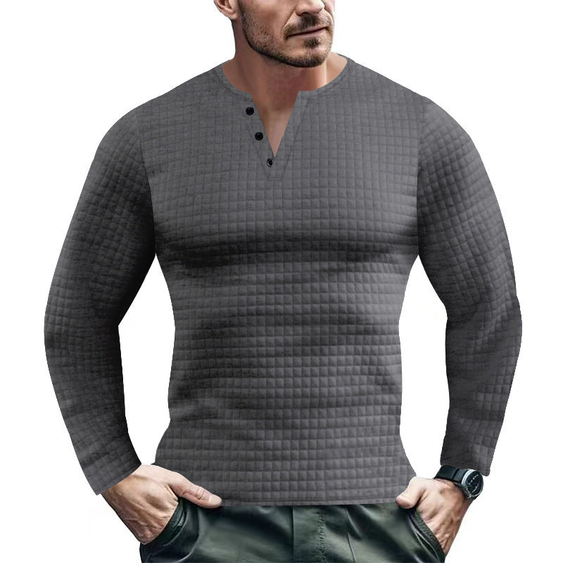 Herren Langarmshirt Waffeloptik Strukturiert Knopfleiste Modern