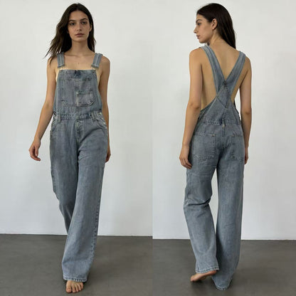 Damen Latzhose Jeans Weites Bein Tiefes Dekolleté