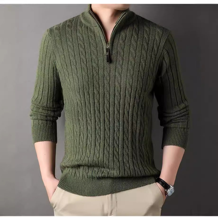 Herren Pullover Strick Zopfmuster Zipper Grün