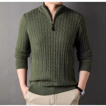 Herren Pullover Strick Zopfmuster Zipper Grün