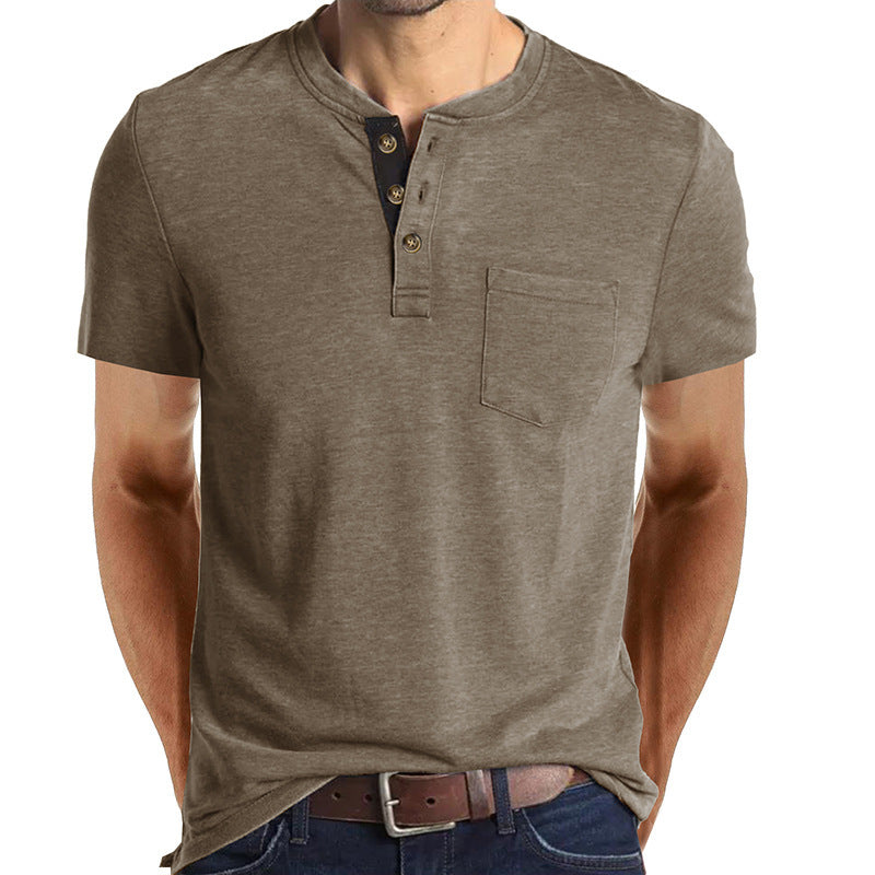 Herren T-Shirt Henley Style Knopfleiste Brusttasche Casual