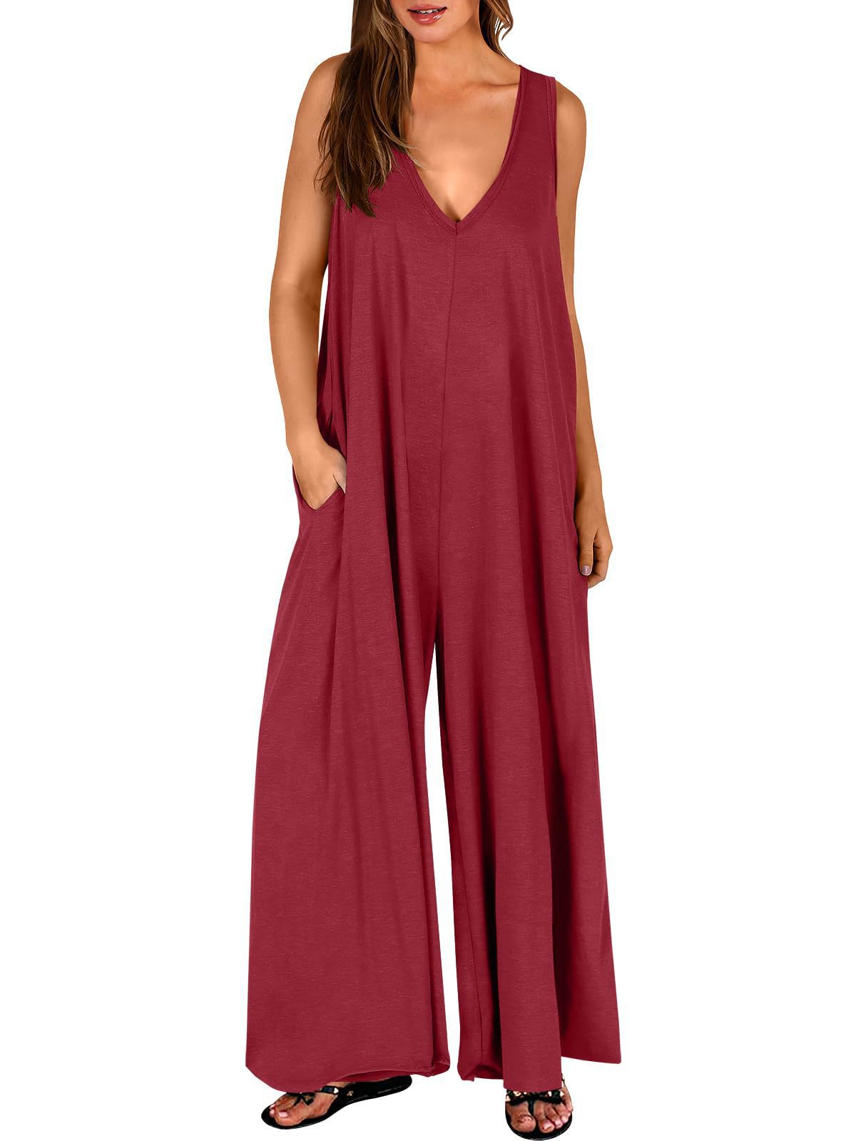 Damen Jumpsuit Locker Mit V-Ausschnitt Und Taschen