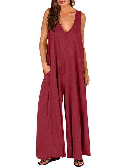 Damen Jumpsuit Locker Mit V-Ausschnitt Und Taschen