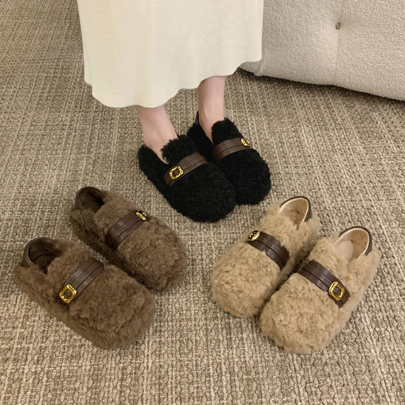 Damen Pantoletten Weich Flauschig Warm mit Riemen - BerlinGlamour