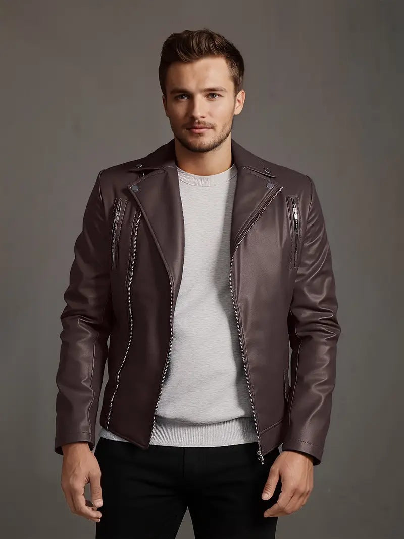 Leder Bikerjacke Herren Steppnaht Schwarz