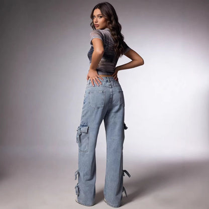 Damen Cargo-Jeans Weite Bein mit Bindebändern