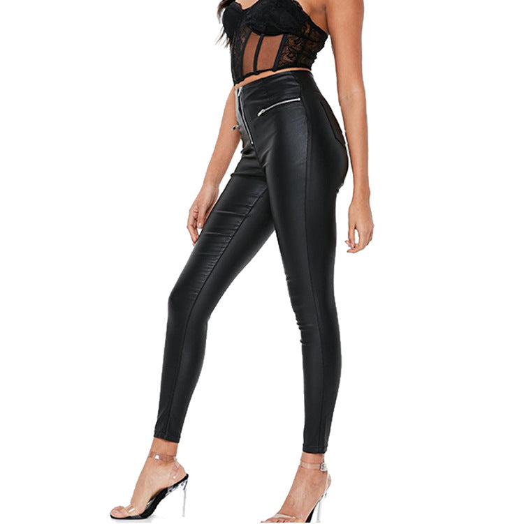 Damen Leggings Lederoptik Stretch mit Reißverschluss