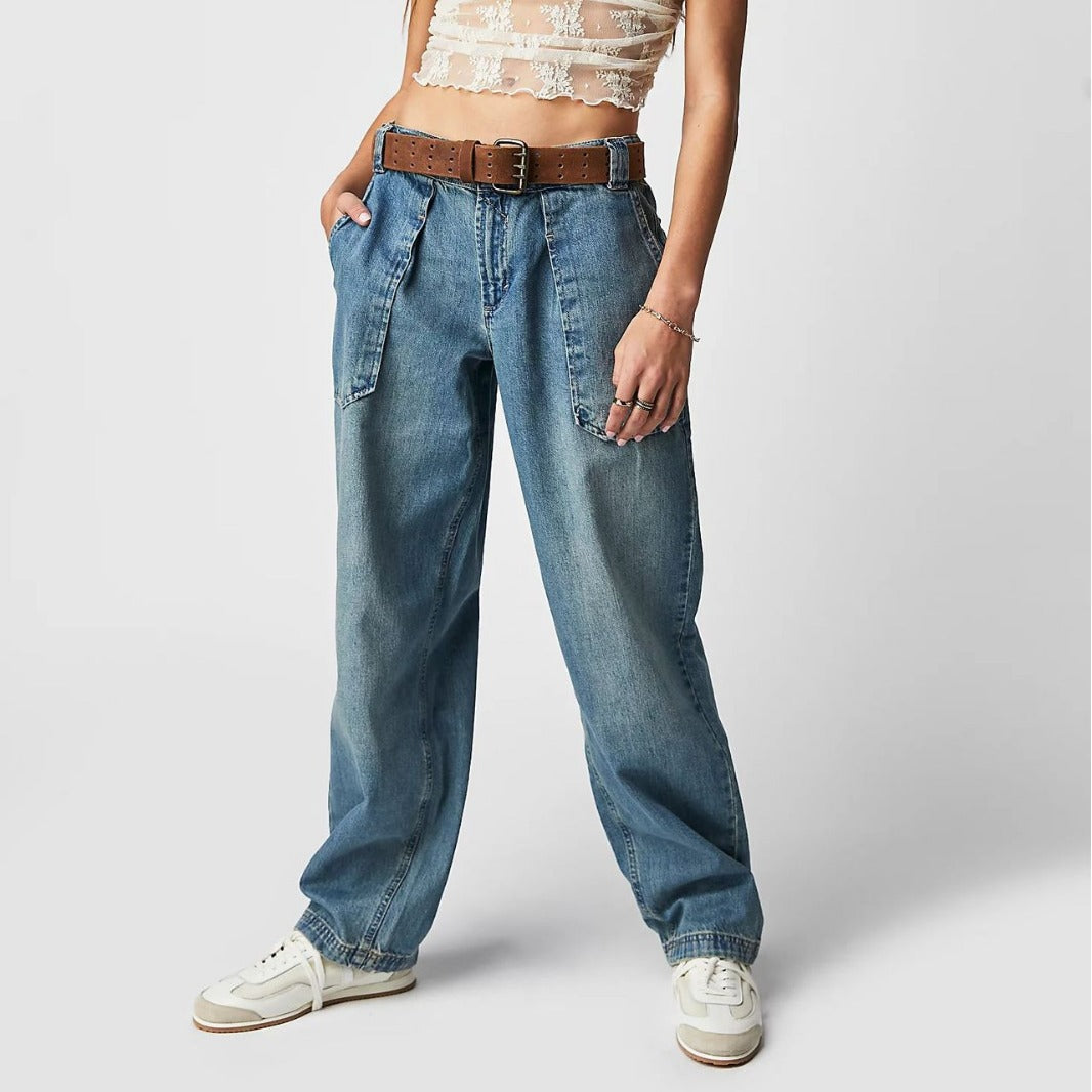 Damen Jeans Weite Bequem mit Gürtel und Taschen - BerlinGlamour