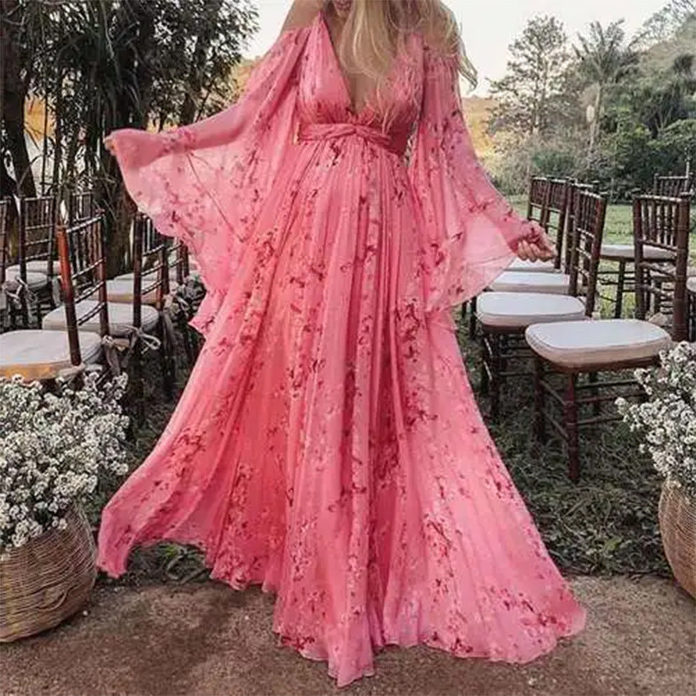 Damen Maxikleid Lang Ärmig Florales Muster Sommerkleid