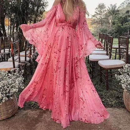 Damen Maxikleid Lang Ärmig Florales Muster Sommerkleid