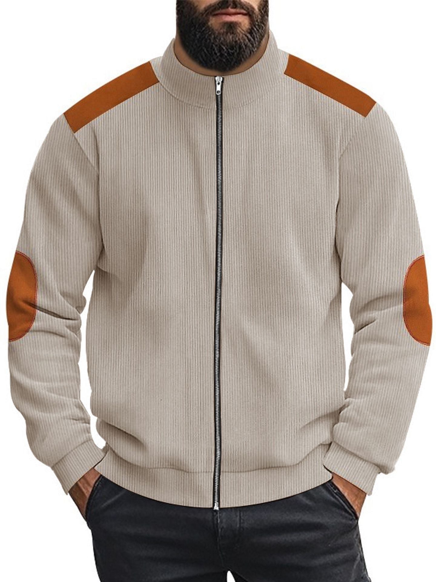 Herren Strickjacke Lederakzente Modern Kragen Hoch