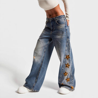Damen Jeans Weite Bein mit Blumen Stickerei