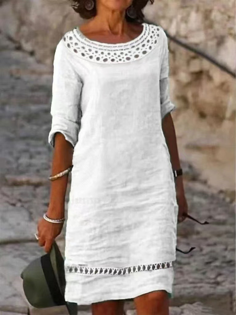 Sommerkleid Damen Elegant Häkelkragen Durchgehender Schnitt