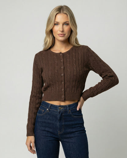 Damen Cardigan Zopfmuster Kurz Figurbetonter Rundhals - BerlinGlamour