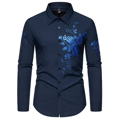 Herren Langarmhemd mit Blumen Stickereien Modern Style