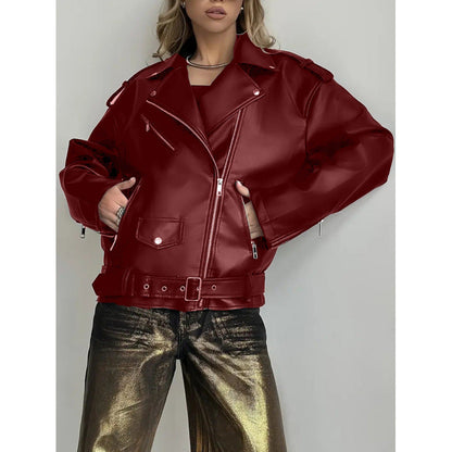 Leder Bikerjacke Damen Nieten Schwarz Lederoptik
