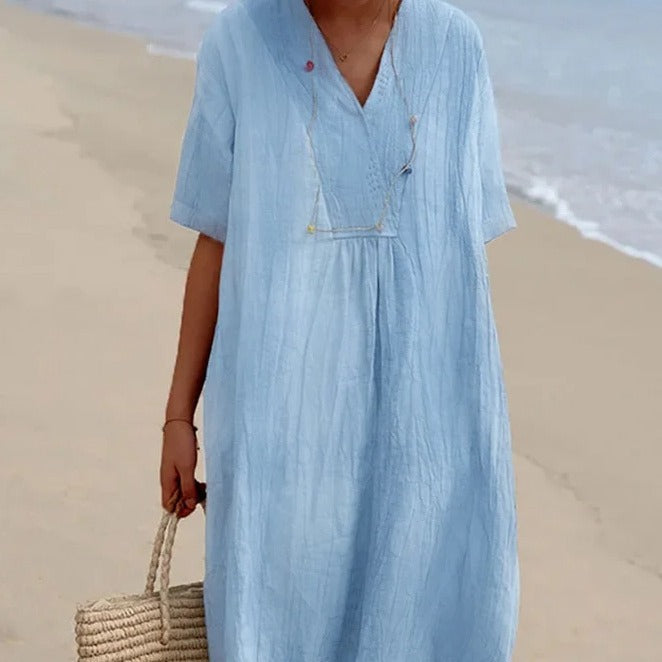 Damen Midi-Kleid Bequem V-Ausschnitt Kurzärmlig Sommerkleid - BerlinGlamour