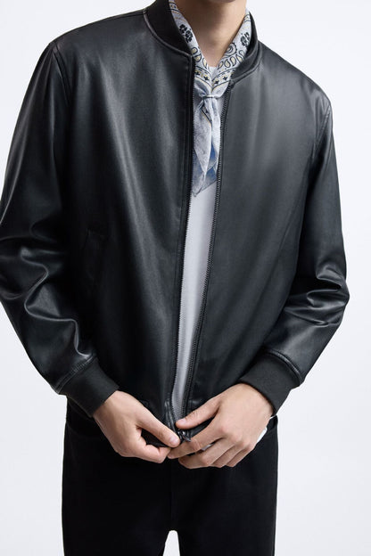 Herren Lederjacke Bikerstil Schwarz mit Taschen