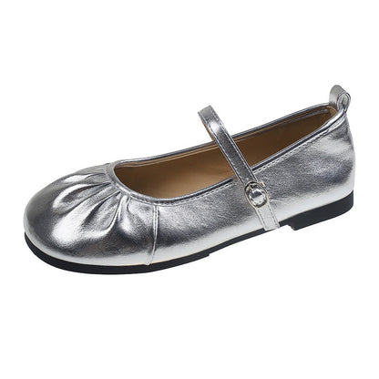 Damen Ballerinas Flach Schuhe mit Riemchen und Falten Optik