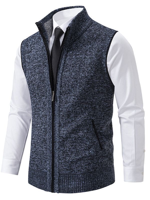 Herren Strickweste Elegant Hochkragen Reißverschluss Taschen
