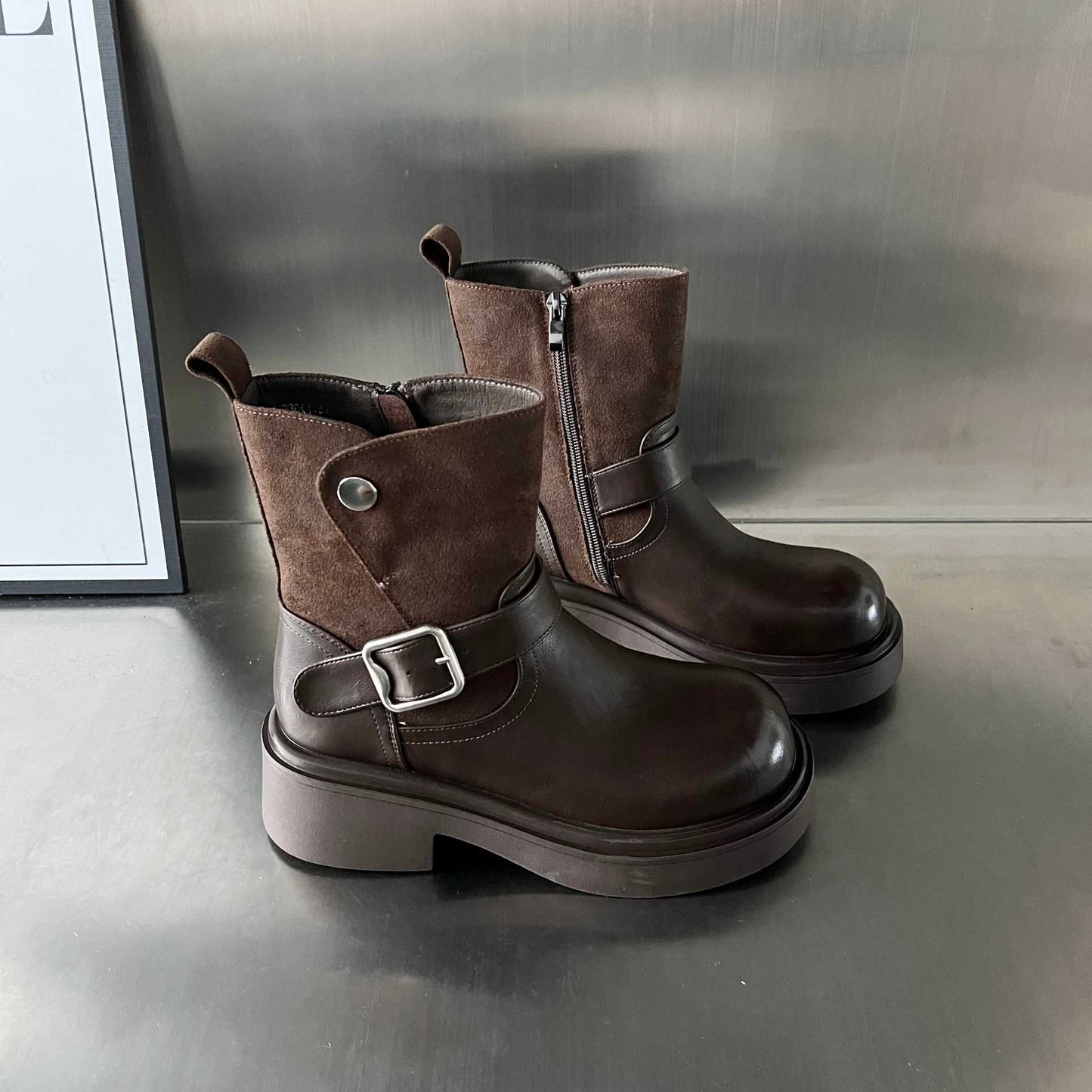 Damen Stiefel Boots Mit Riemen und Gummisohle Winter