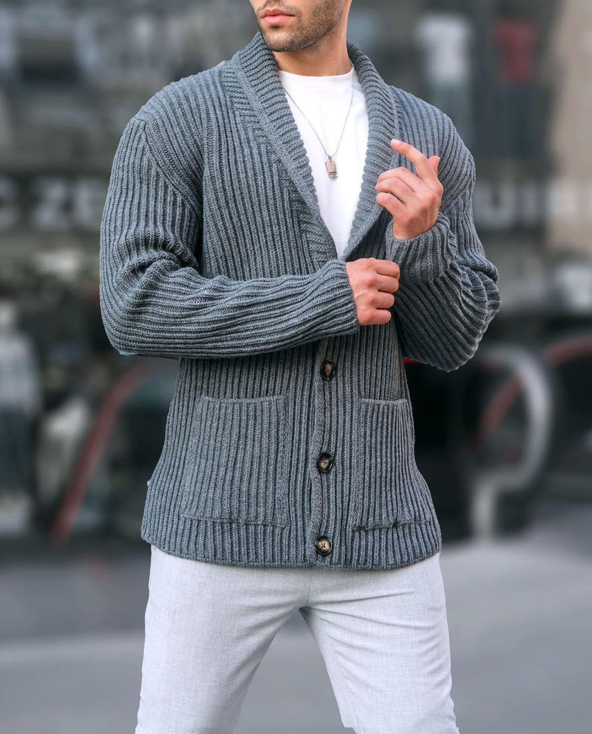 Herren Strickjacke V-Ausschnitt Kontrastknöpfe Modern
