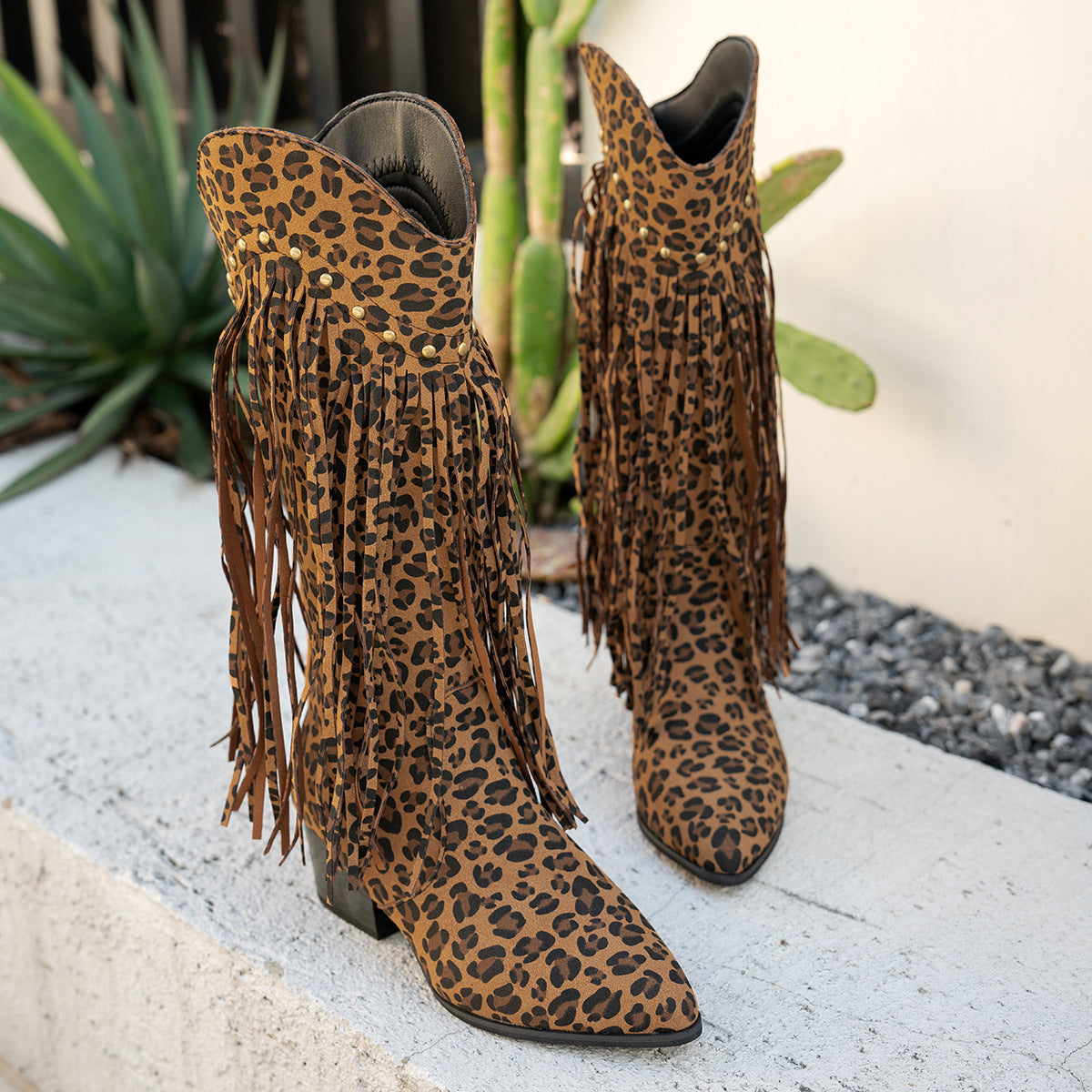 Damen Stiefel Fransen Modisch Nieten Hoch Hacken