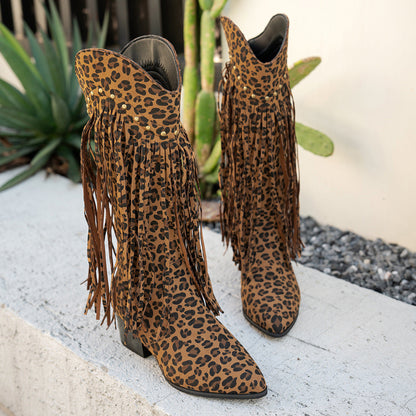 Damen Stiefel Fransen Modisch Nieten Hoch Hacken